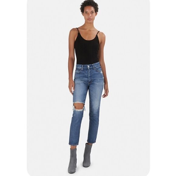 Moussy Vintage Marshall Boy Distressed Busted Knee Chewed Hem High Rise Jeans - Picture 1 of 11